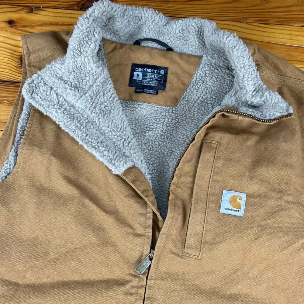 Carhartt Washed Duck Sherpa Lined Vest Mens XLT Brown Canvas Zip Loose Fit NICE!